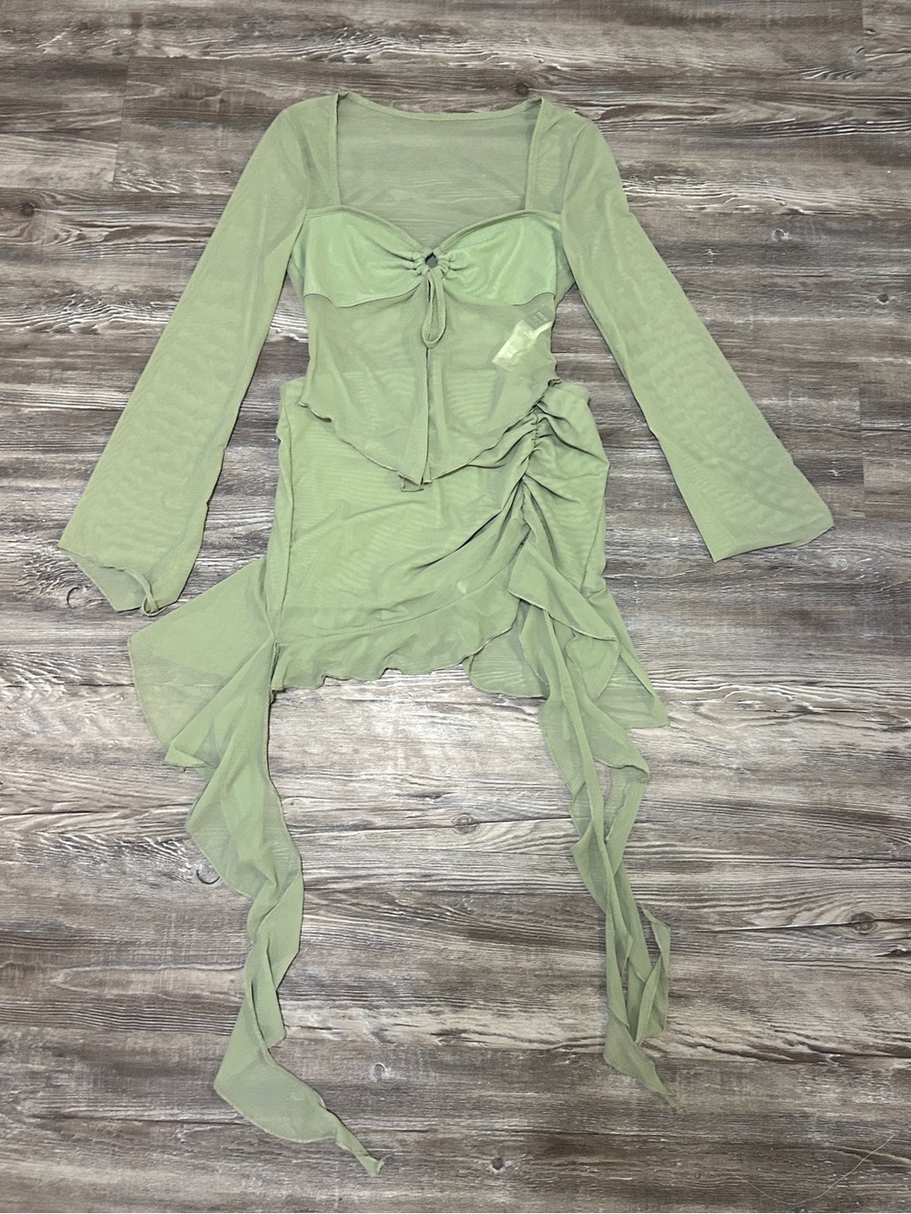 Sage Green Long-Sleeve Mesh Tie-Front Women's Top and Skirt